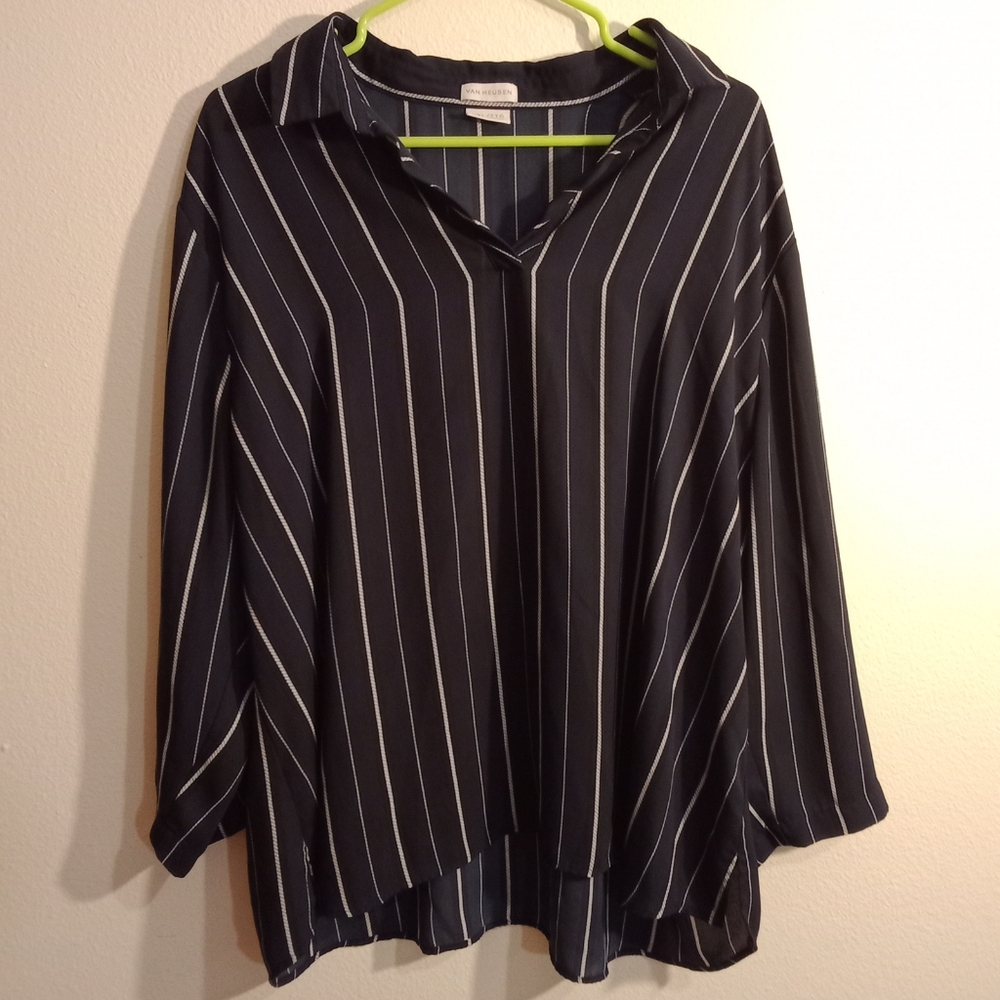 Van Heusen dark blue & white striped v neck blouse size XXL